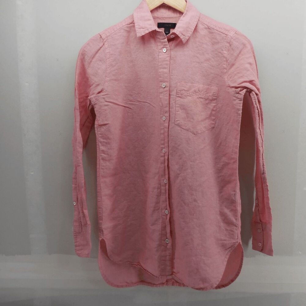 J Crew Shirt‎ Womens 00 Pink Button Down Long Sleeve Linen Blend Pocket Casual